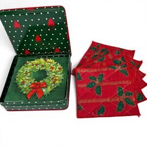 Potpourri Press Christmas Tin 20 Paper Napkins And 6 Handmade Quilted Coasters